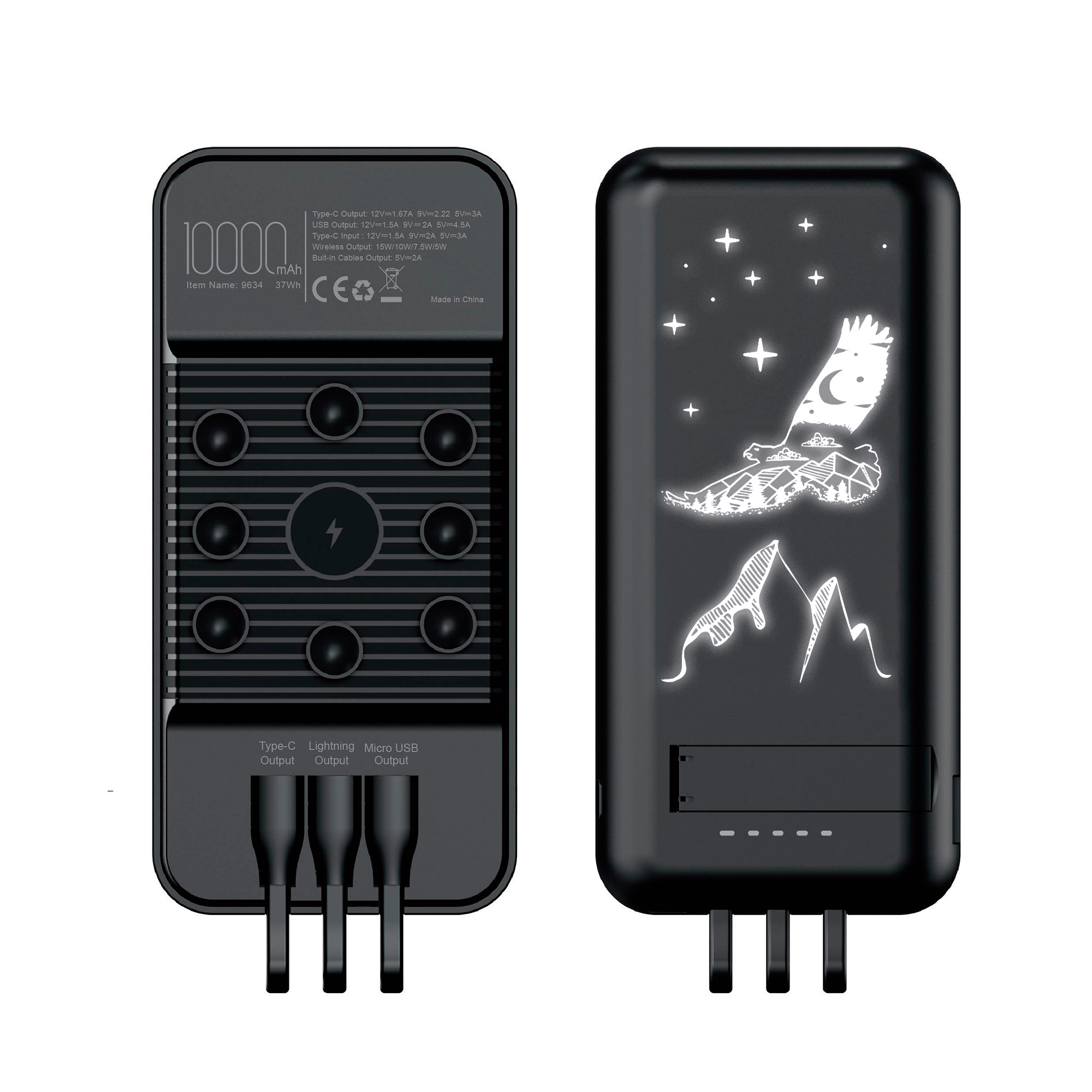 Беспроводное зарядное (22.5/15W) устройство "Topfull SOFTTOUCH" 10000 mAh с подсветкой лого, присосками, встроенными кабелями, с подставкой (Изображение 1)