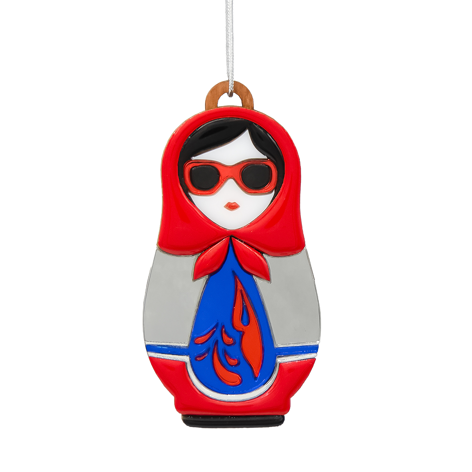 Ёлочная игрушка Матрёшка с узорами (красный с синим) (Изображение 2)