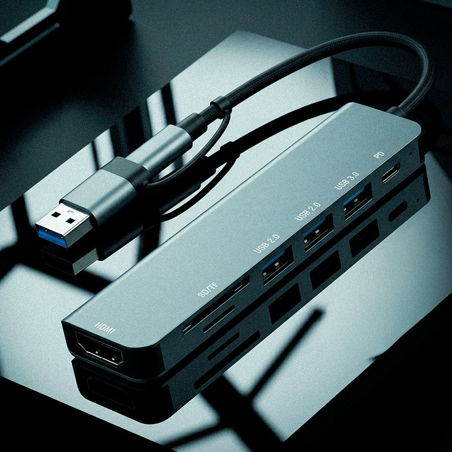 USB-хаб STEM 7 в 1, серый, алюминий (Изображение 4)