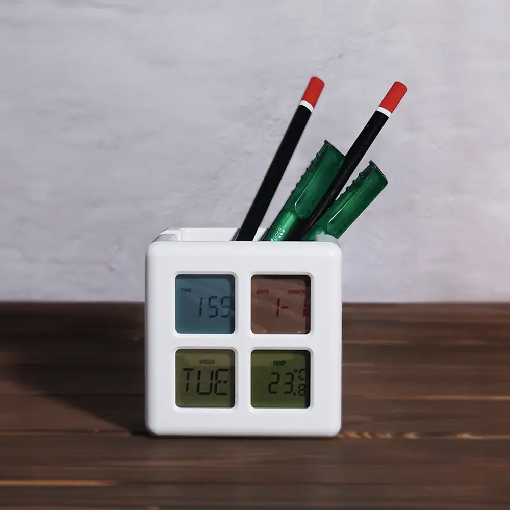 Часы настольные Vuva Cube с подставкой для ручек и телефона, календарем, термометром, будильником, с ж/к дисплеем, белые (Изображение 5)