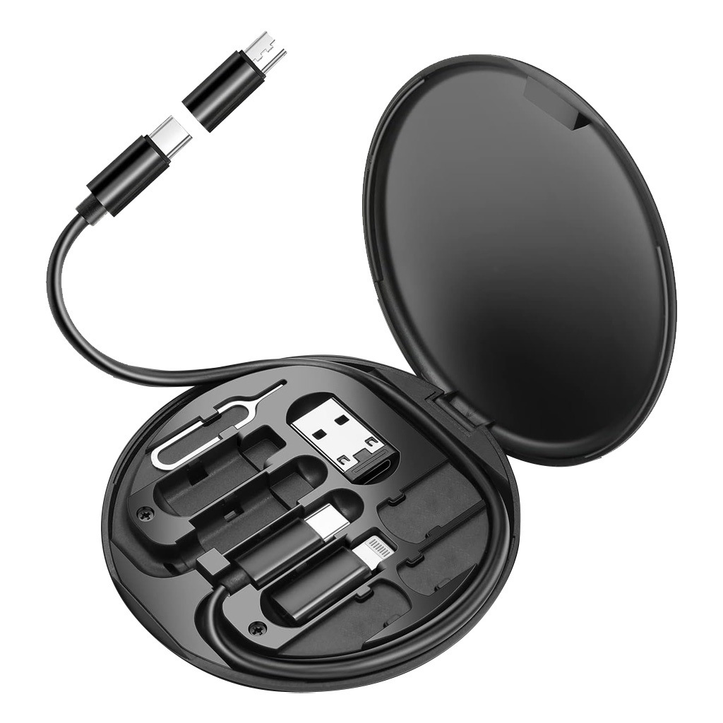 Кабель зарядный выдвижной USB Light Sound  60W 3-в-1 на Lightning, Micro-USB, Type-C «U50» 2,4 A, Quick Charge в пластиковом футляре, черный (Изображение 4)