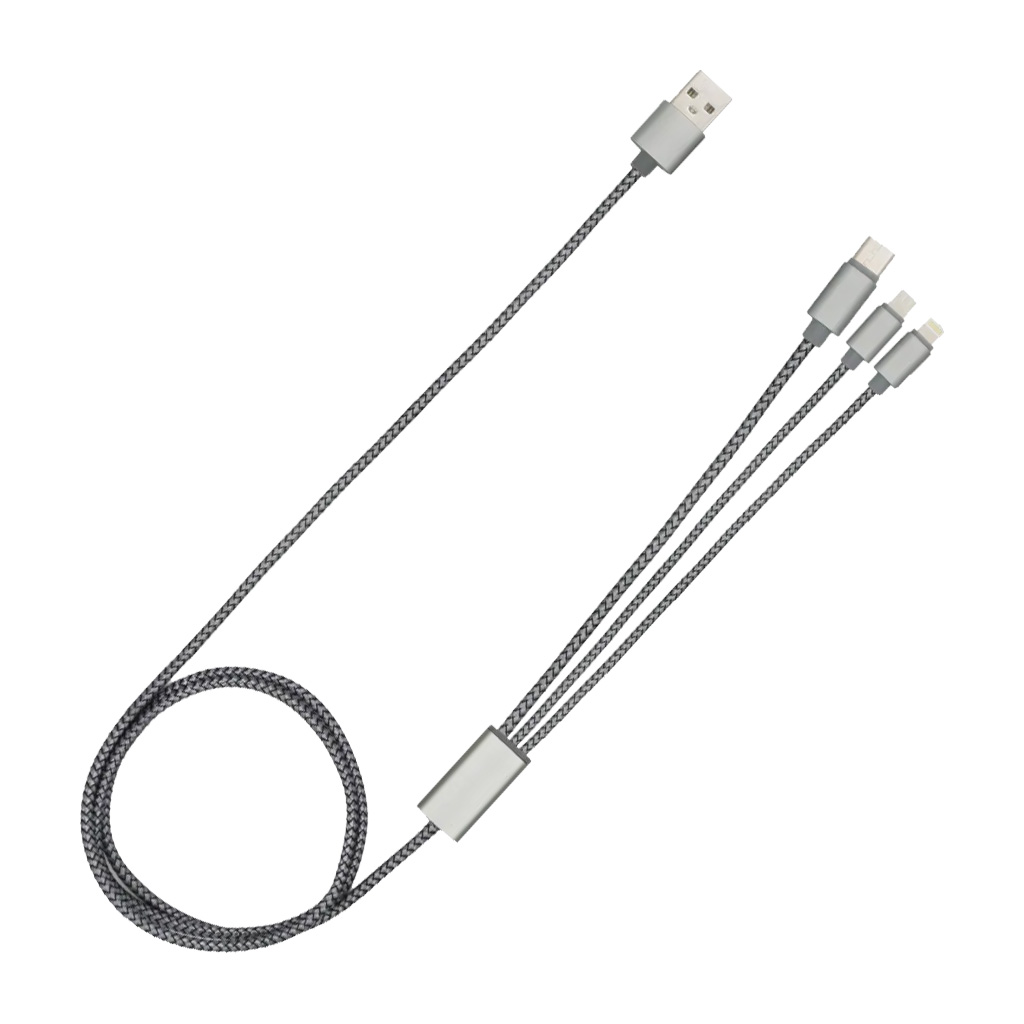 Кабель зарядный выдвижной USB OmniCore 60W 3-в-1 на Lightning, Micro-USB, Type-C «U50» 2,4 A, Quick Charge в пластиковом футляре, серый (Изображение 2)
