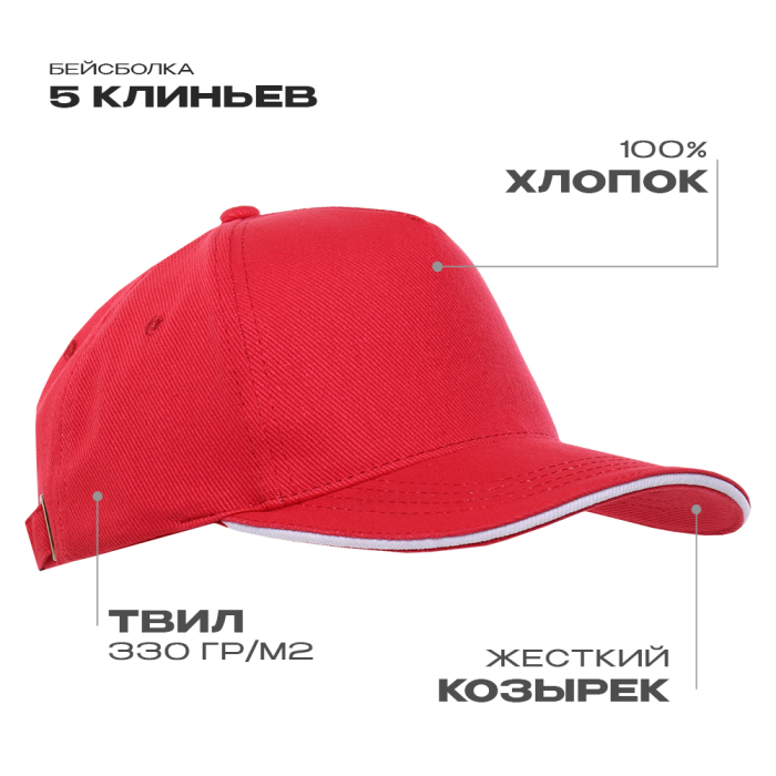 Бейсболка с кантом STAN 5 клиньев хлопок 330, 04 (Красный) (Изображение 1)
