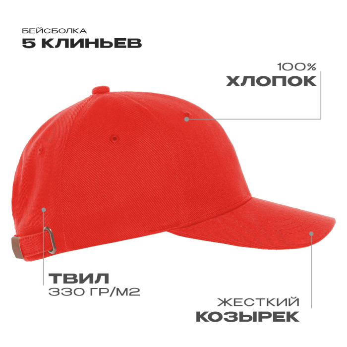 Бейсболка STAN 5 клиньев хлопок 330, 01 (Красный)
