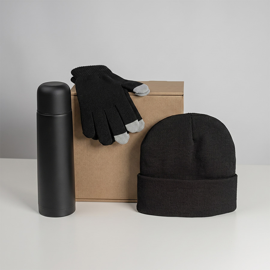 Набор подарочный GET WARM: перчатки, шапка, термос; черный (Изображение 1)