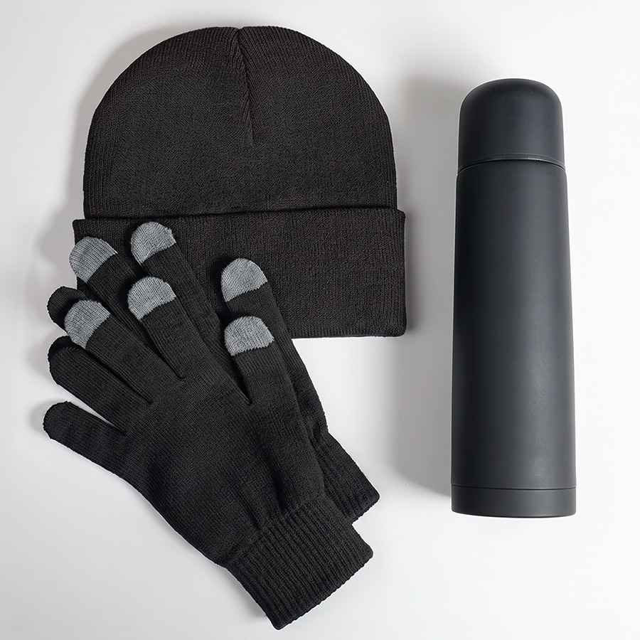 Набор подарочный GET WARM: перчатки, шапка, термос; черный (Изображение 3)
