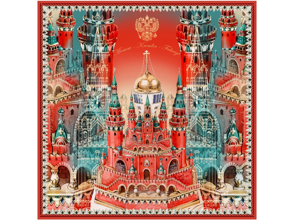 Платок «Кремль - Москва - Фаберже» (красный) (Изображение 1)