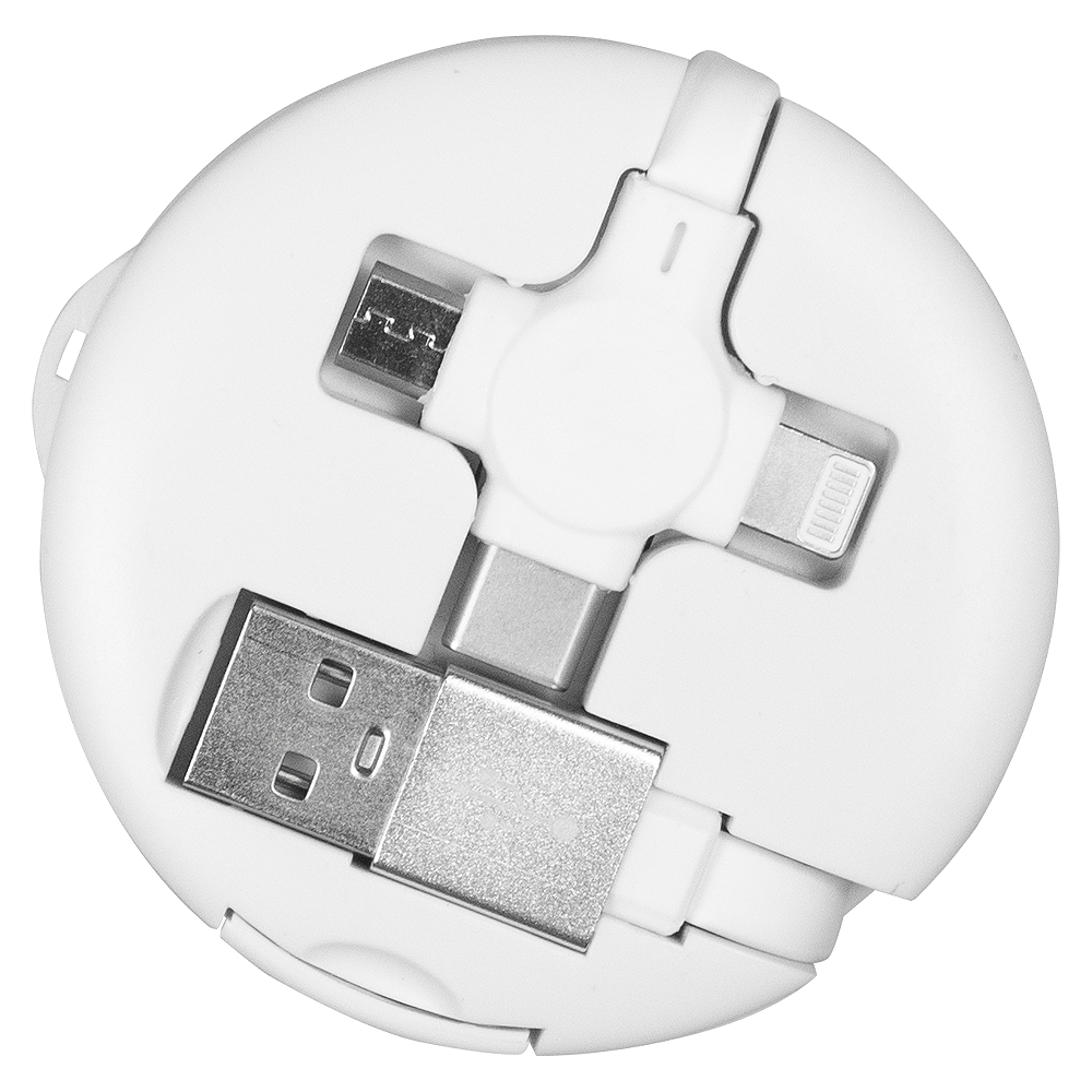 Кабель зарядный выдвижной USB Wingle  3-в-1 на Lightning, Micro-USB, Type-C «U50»  2,4 A, Quick Charge с подставкой для телефона, белый (Изображение 3)