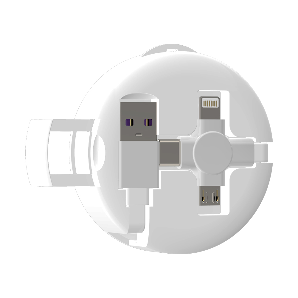 Кабель зарядный выдвижной USB Wingle  3-в-1 на Lightning, Micro-USB, Type-C «U50»  2,4 A, Quick Charge с подставкой для телефона, белый (Изображение 5)