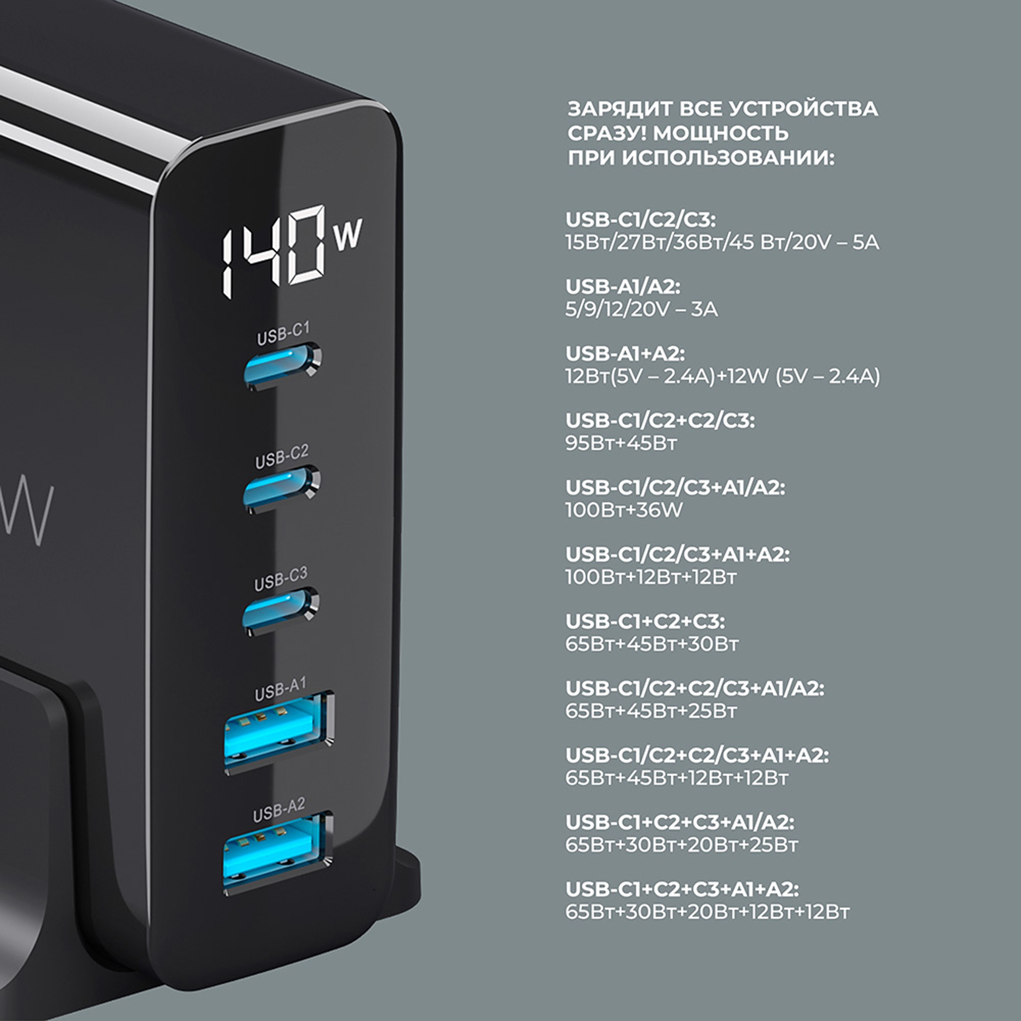 Зарядная станция 3xUSB Type-C, 2xUSB, PD, QC, 140Вт (черный) (Изображение 3)