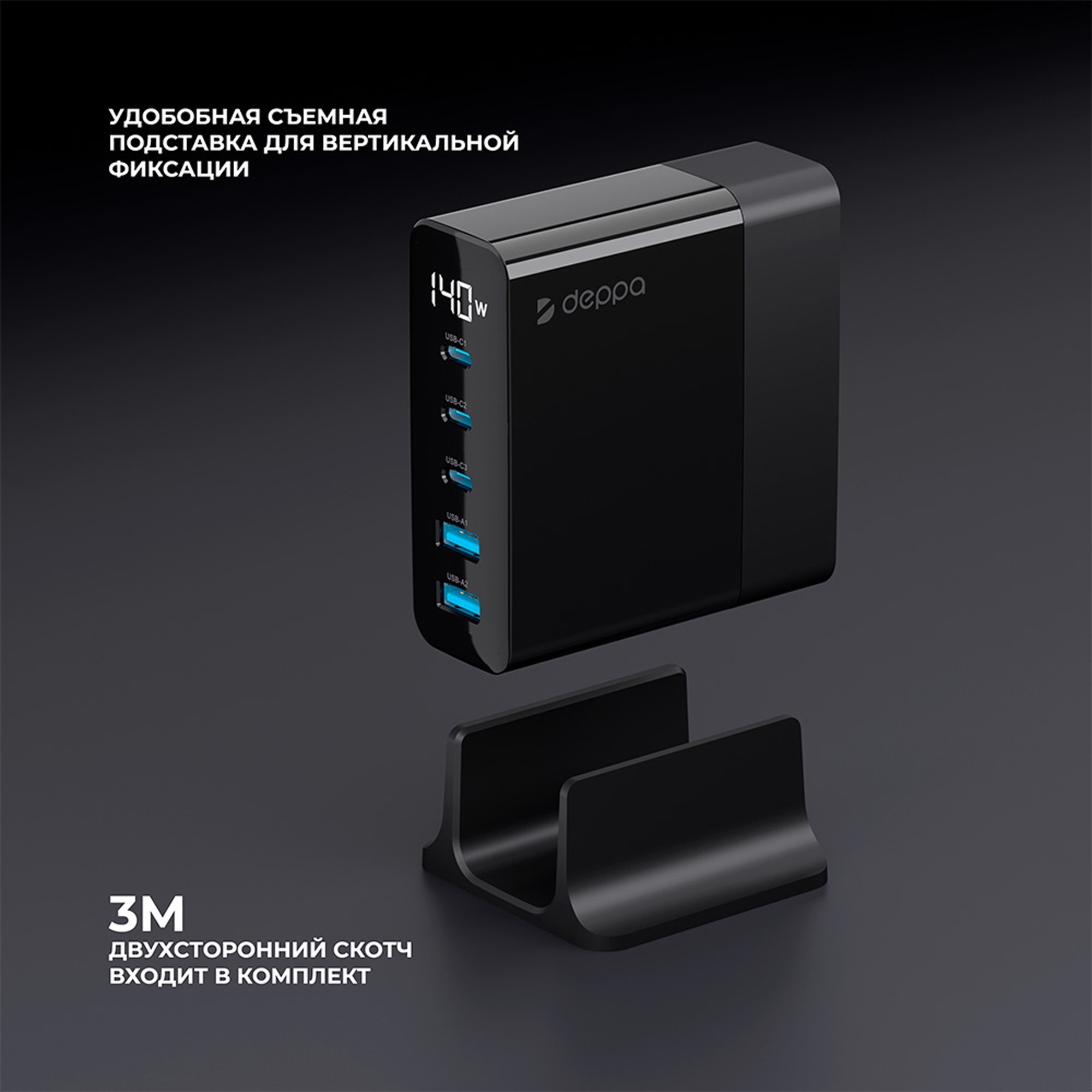 Зарядная станция 3xUSB Type-C, 2xUSB, PD, QC, 140Вт (черный) (Изображение 4)