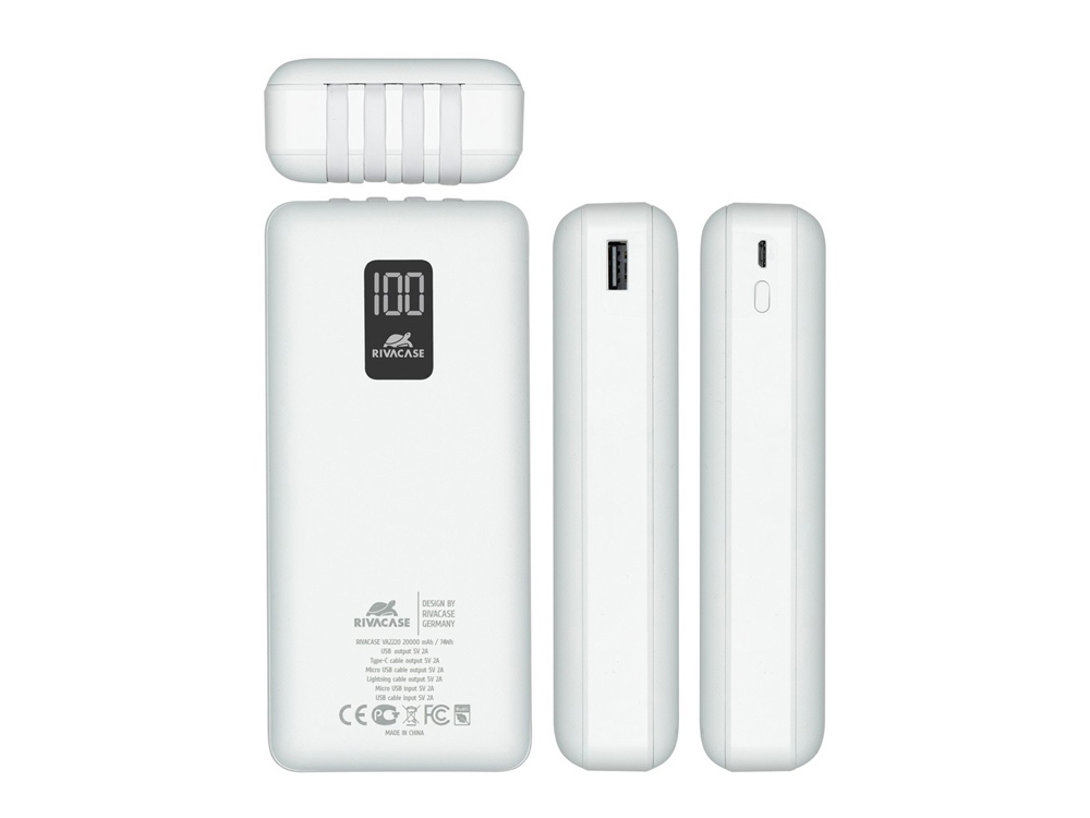 Внешний аккумулятор с дисплеем и встроенными кабелями VA2220, 20000 mAh (белый) (Изображение 4)