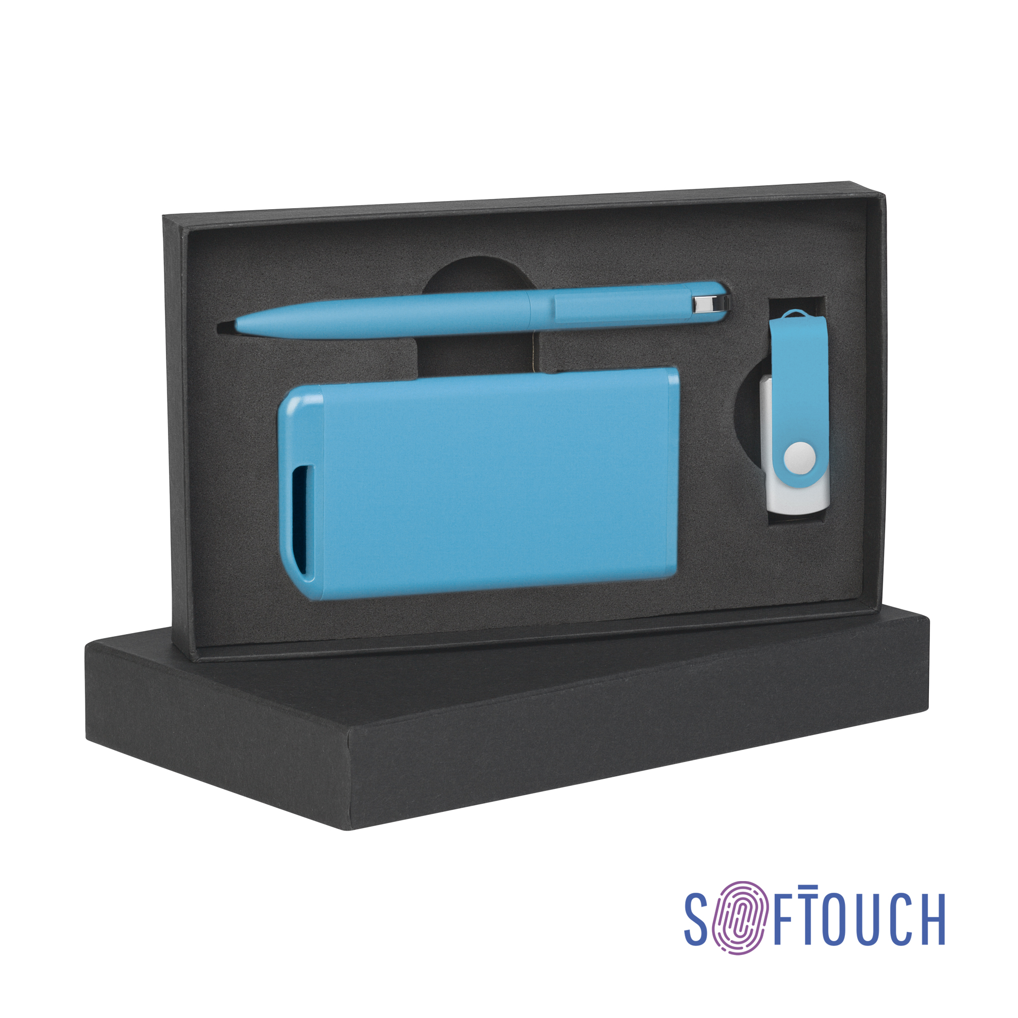 Набор ручка + флеш-карта 16Гб + зарядное устройство 4000 mAh в футляре покрытие soft touch (голубой) (Изображение 1)