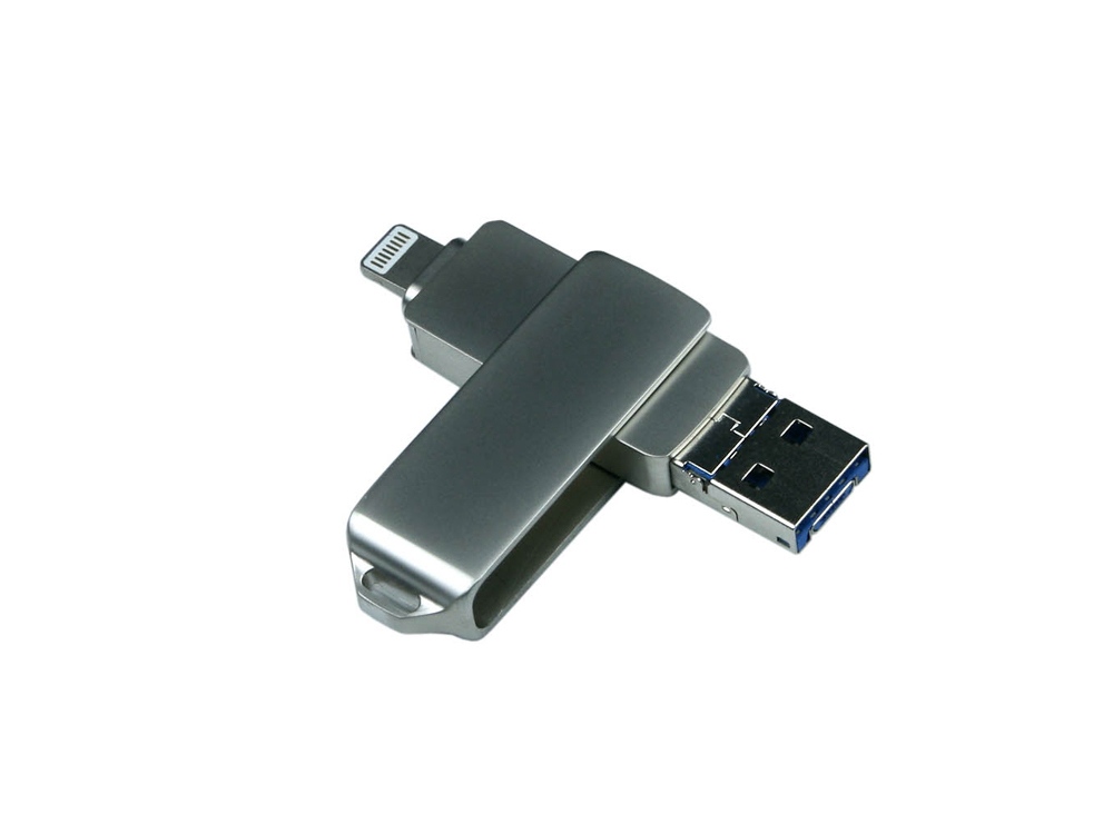 USB 3.0/micro USB/Lightning- флешка на 128 Гб с поворотным механизмом (Изображение 1)