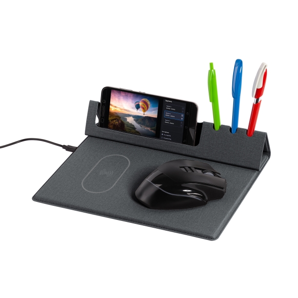 Настольная складная подставка "Cool Desk" с беспроводным (10W) зарядным устройством и ковриком для мыши (темно-серый) (Изображение 3)