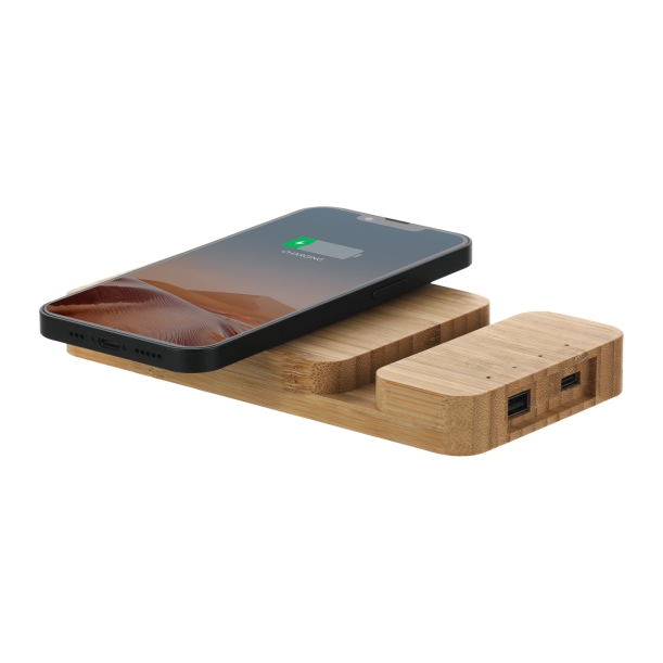 Беспроводное (10W) зарядное устройство "Bamboo Power" 5000 mAh с подставкой под смартфон, бамбук (бежевый) (Изображение 2)