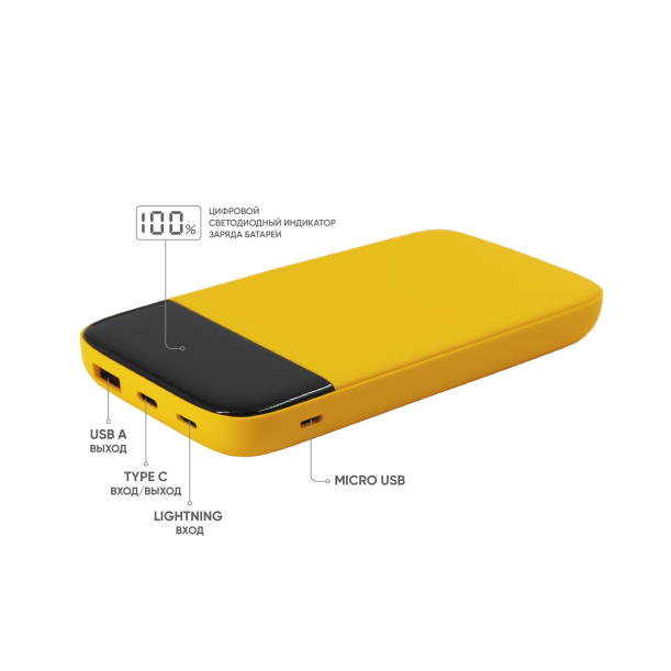 Внешний аккумулятор Bplanner Power 3 ST, софт-тач, 10000 mAh (Желтый) (Изображение 3)