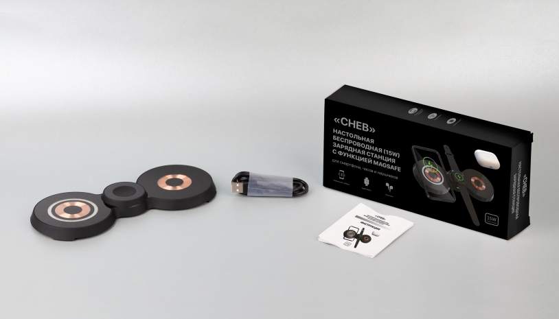 Настольная беспроводная (15W) зарядная станция "Cheb" для смартфона, часов и наушников с MagSafe c прозрачным корпусом (черный) (Изображение 4)