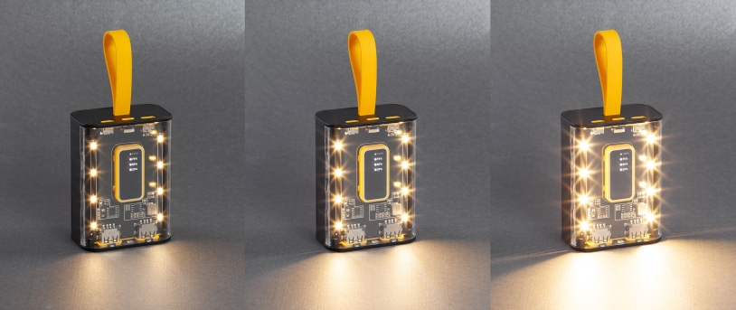 Зарядное устройство "Shine" 9000 mAh с LED-подсветкой, встроенными кабелями Type-C/Lightning/USB (черный с желтым) (Изображение 4)