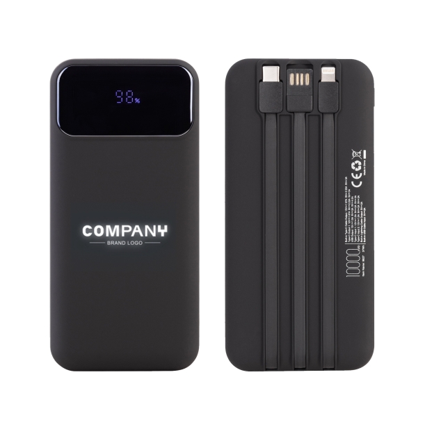 Зарядное (22.5W) устройство "Grade SOFTTOUCH" 10000 mAh с подсветкой логотипа, встроенными кабелями и цифровым индикатором заряда (черный) (Изображение 1)