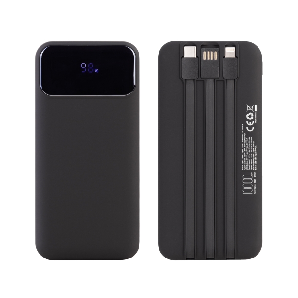 Зарядное (22.5W) устройство "Grade SOFTTOUCH" 10000 mAh с подсветкой логотипа, встроенными кабелями и цифровым индикатором заряда (черный) (Изображение 2)