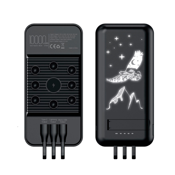 Беспроводное зарядное (22.5/15W) устройство "Topfull SOFTTOUCH" 10000 mAh с подсветкой лого, присосками, встроенными кабелями, с подставкой (черный) (Изображение 1)