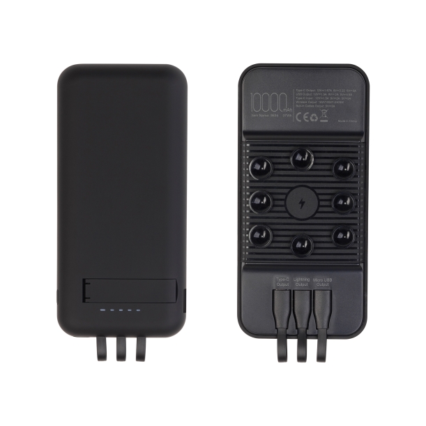 Беспроводное зарядное (22.5/15W) устройство "Topfull SOFTTOUCH" 10000 mAh с подсветкой лого, присосками, встроенными кабелями, с подставкой (черный) (Изображение 2)