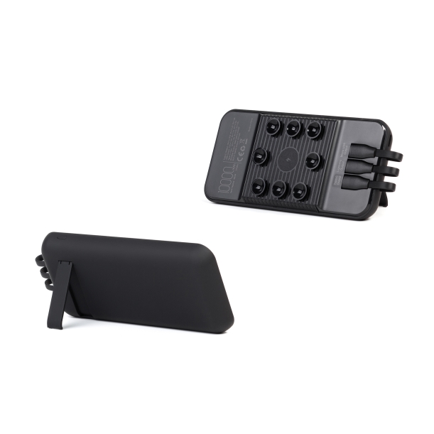 Беспроводное зарядное (22.5/15W) устройство "Topfull SOFTTOUCH" 10000 mAh с подсветкой лого, присосками, встроенными кабелями, с подставкой (черный) (Изображение 4)