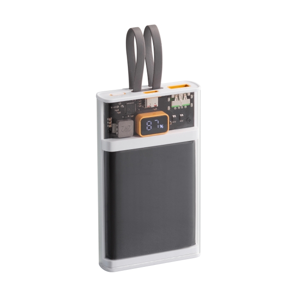 Зарядное (22.5W) устройство "Link" 10000 mAh с прозрачным корпусом, цифровым индикатором заряда и встроенными Type-C/Lightning кабелями (белый/черный) (Изображение 1)