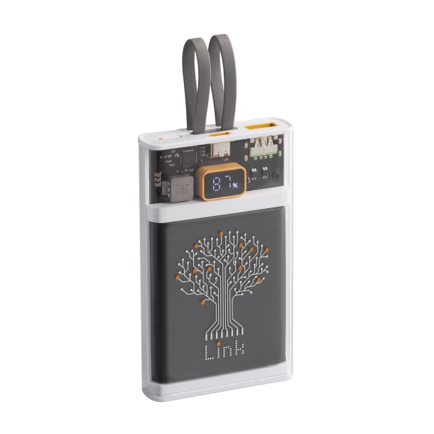 Зарядное (22.5W) устройство "Link" 10000 mAh с прозрачным корпусом, цифровым индикатором заряда и встроенными Type-C/Lightning кабелями (белый/черный) (Изображение 5)