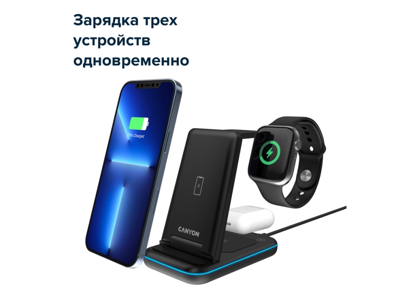 Беспроводное зарядное устройство 3-в-1 WS-304, 15 Вт (черный)  (Изображение 7)