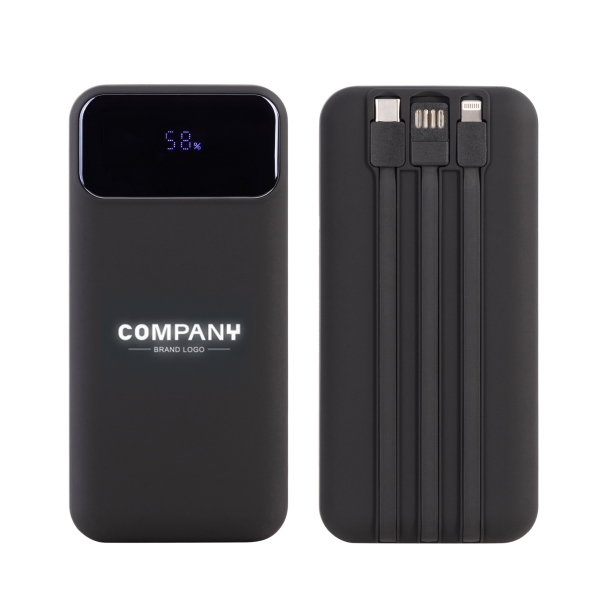 Зарядное (22.5W) устройство "Top Grade SOFTTOUCH" 20000 mAh с подсветкой логотипа, встроенными кабелями и цифровым индикатором заряда (черный) (Изображение 1)