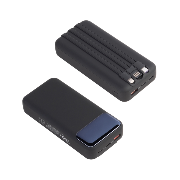Зарядное (22.5W) устройство "Top Grade SOFTTOUCH" 20000 mAh с подсветкой логотипа, встроенными кабелями и цифровым индикатором заряда (черный) (Изображение 3)