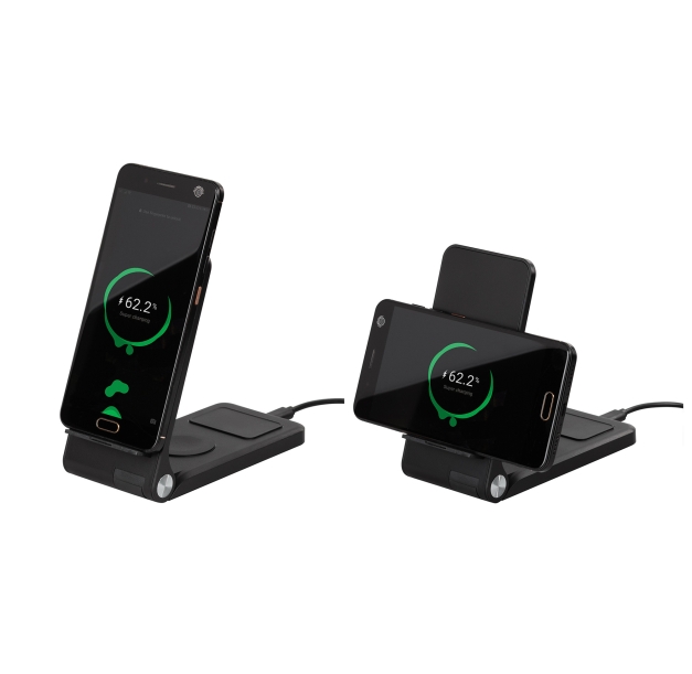 Складная беспроводная (15W) зарядная станция "Clap" для смартфона, часов и наушников, с подсветкой логотипа и подставкой (черный) (Изображение 6)