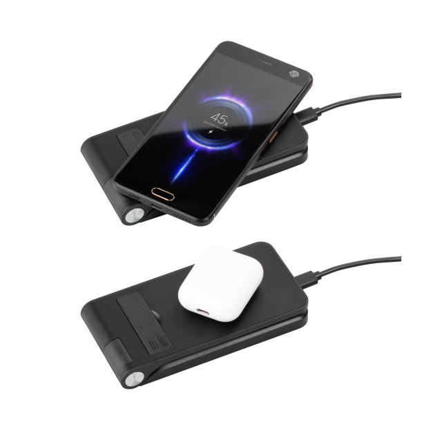 Складная беспроводная (15W) зарядная станция "Clap" для смартфона, часов и наушников, с подсветкой логотипа и подставкой (черный) (Изображение 7)