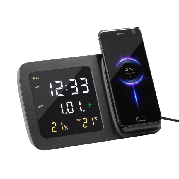 Настольные часы "Smart Screen" с беспроводным (15W) зарядным устройством, гигрометром, термометром, календарём, с подсветкой логотипа (черный) (Изображение 2)