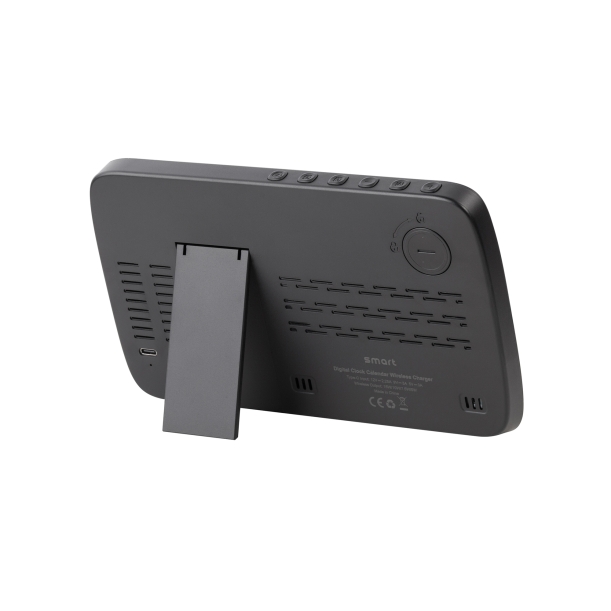 Настольные часы "Smart Screen" с беспроводным (15W) зарядным устройством, гигрометром, термометром, календарём, с подсветкой логотипа (черный) (Изображение 4)