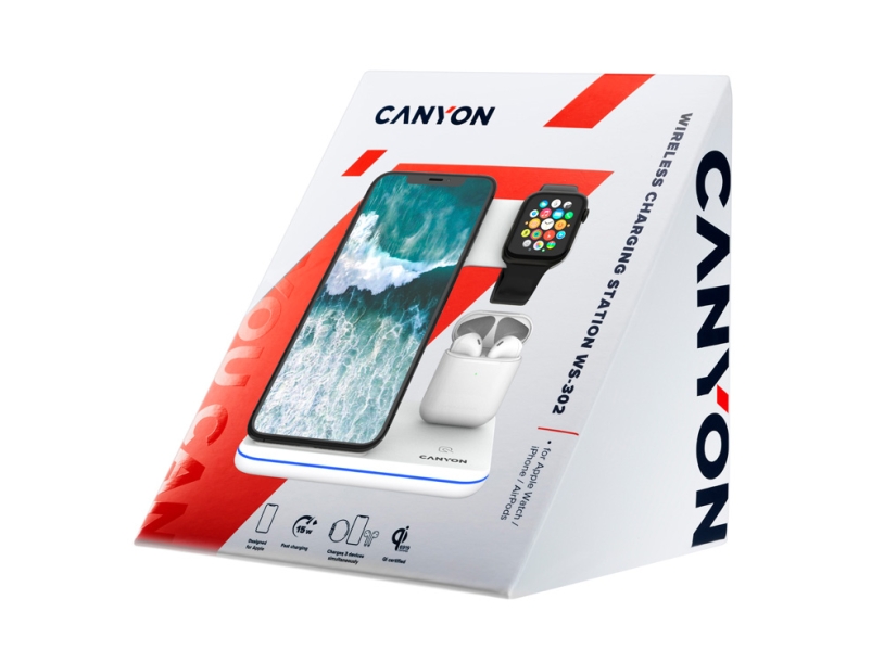 Беспроводное зарядное устройство для гаджетов 3-в-1 с технологией QI Canyon WS-302 (CNS-WCS302B) (Изображение 6)