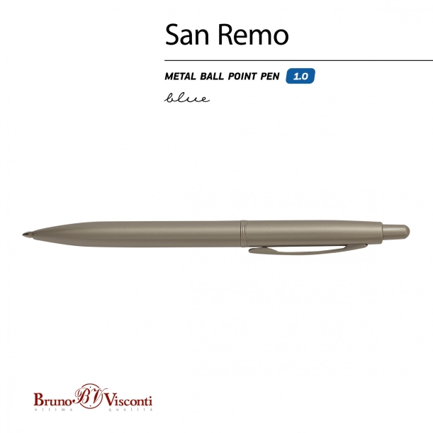 РУЧКА "SAN REMO" ШАРИКОВАЯ, АВТОМАТИЧЕСКАЯ, МЕТАЛЛИЧЕСКИЙ КОРПУС ШАМПАНЬ 1.00 ММ, СИНЯЯ (Изображение 1)
