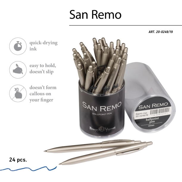 РУЧКА "SAN REMO" ШАРИКОВАЯ, АВТОМАТИЧЕСКАЯ, МЕТАЛЛИЧЕСКИЙ КОРПУС ШАМПАНЬ 1.00 ММ, СИНЯЯ (Изображение 3)