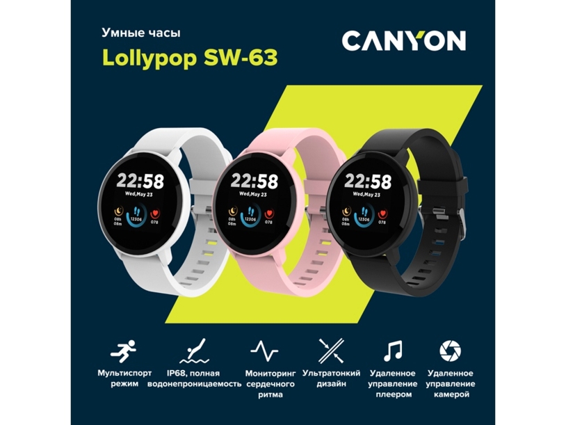Умные часы CANYON Lollypop SW-63, IP 68, BT 5.0, сенсорный дисплей 1.3, белый (Р) (Изображение 8)