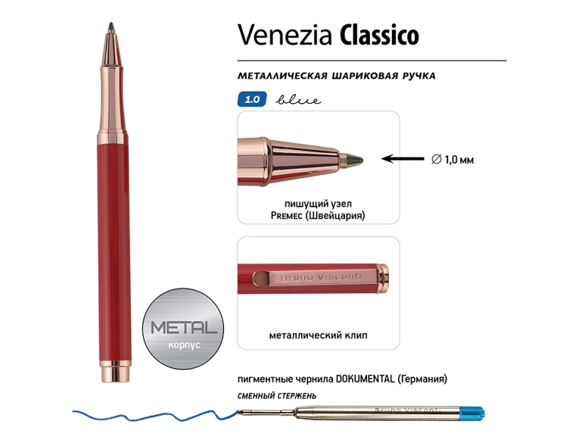 Ручка металлическая шариковая Venezia Classico (красный)  (Изображение 3)