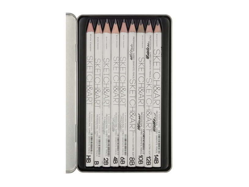 Набор чернографитовых карандашей  Sketch &amp; Art  утолщенные,9 шт. hb-14b,  металлическая коробка с ложементом (Изображение 3)