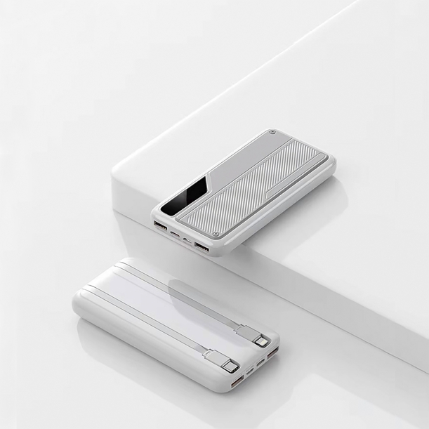 Зарядное устройство "Connect" 10000 mAh со встроенными Type-C/Lightning кабелями (белый с серым) (Изображение 2)