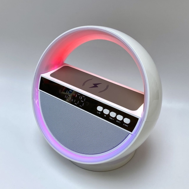 Bluetooth колонка "Smart Orb" 5Вт с беспроводным (15W) ЗУ, лампой, часами, FM радио (белый) (Изображение 1)