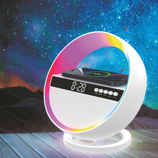 Bluetooth колонка "Smart Orb" 5Вт с беспроводным (15W) ЗУ, лампой, часами, FM радио (белый) (Изображение 3)
