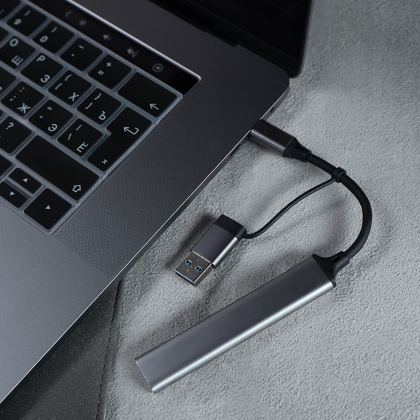 USB-хаб BRANCH 4 в 1, серый, алюминий (Изображение 3)