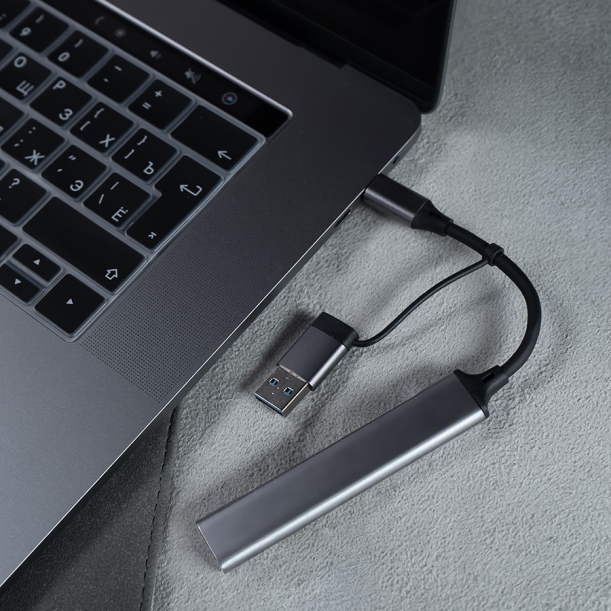 USB-хаб BRANCH 4 в 1, серый, алюминий (Изображение 3)