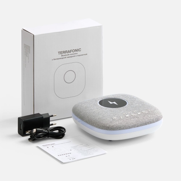 Bluetooth колонка с беспроводной зарядкой и подсветкой Terrafonic, серая (Изображение 8)