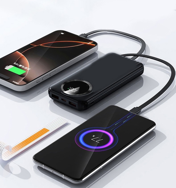 Зарядное устройство "Phantom" 10000 mAh с 4мя встроенными кабелями и цифровым индикатором заряда (черный) (Изображение 5)